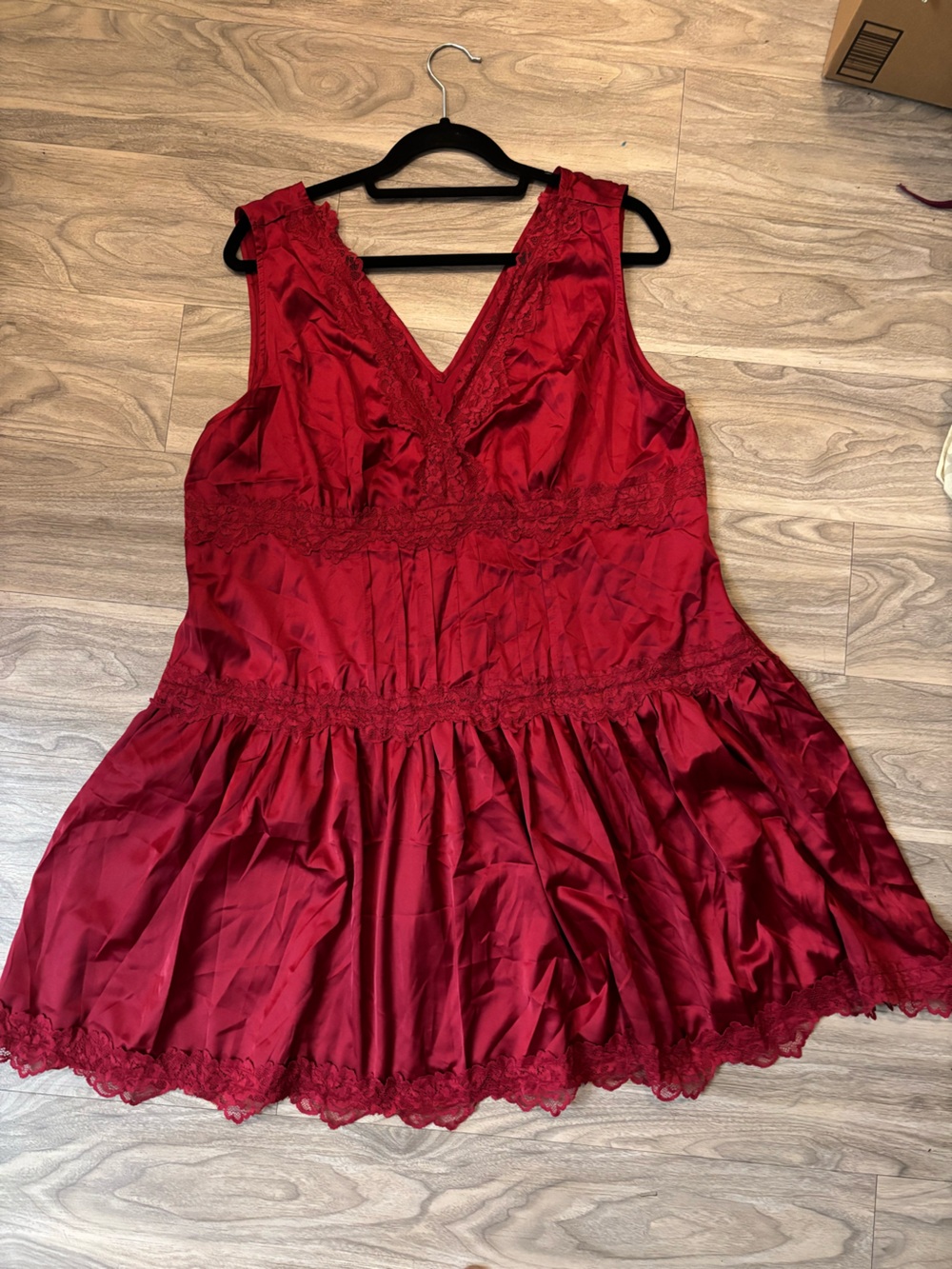 Women's Red Lace Trim Satin Chemise - Unbranded